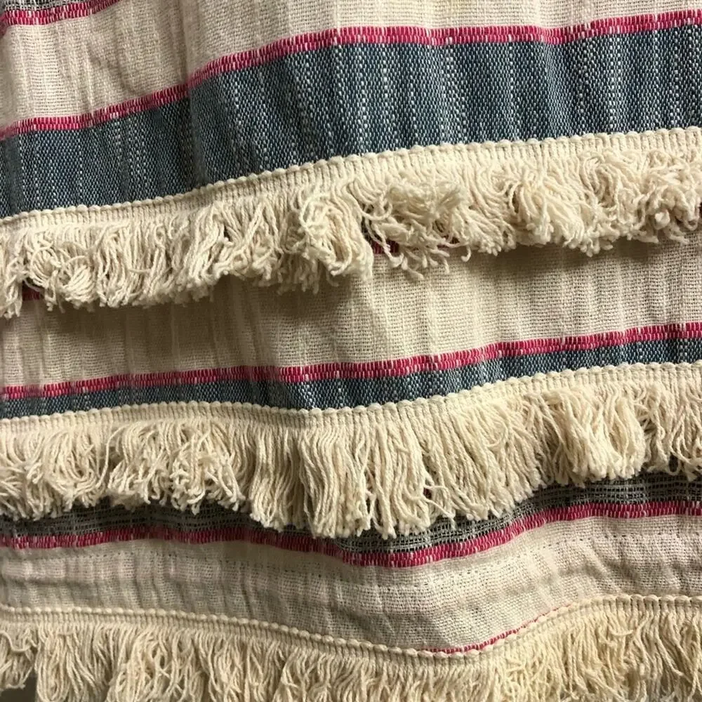 Anthropologie Holding Horses cream chambray blue pink fringe trim dress size 12